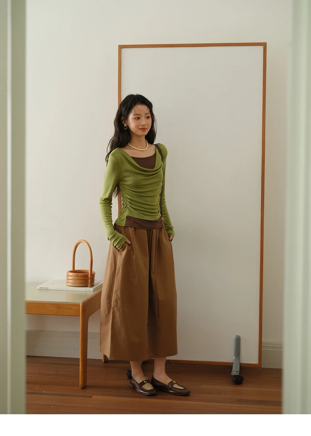 MISHOW Autumn Brown Cotton Bud Skirt 2025 Autumn Elastic Drawstring High Waist Slim A-line Casual Skirt with Pocket MXE41B2367