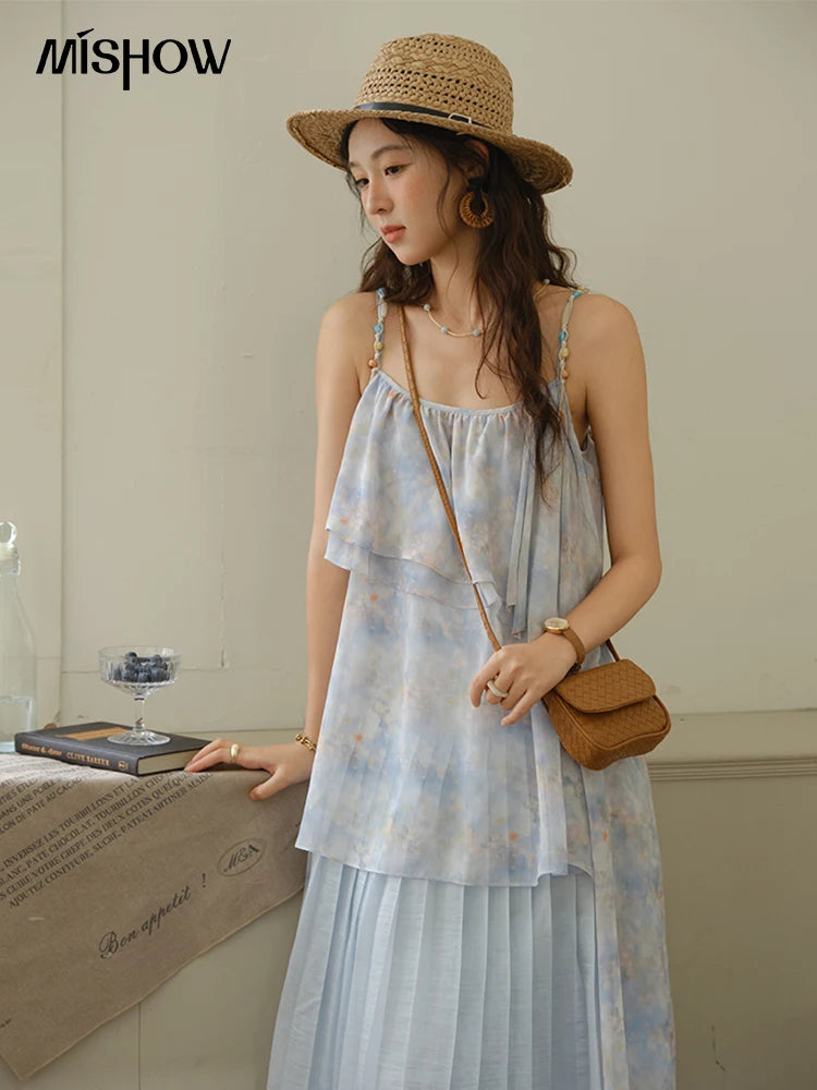 MISHOW Fashion Print Strap Dress for Women 2025 Summer New Multi Layer Ruffle Edge Splicing Sleeveless Midi Dresses MXE35L2233