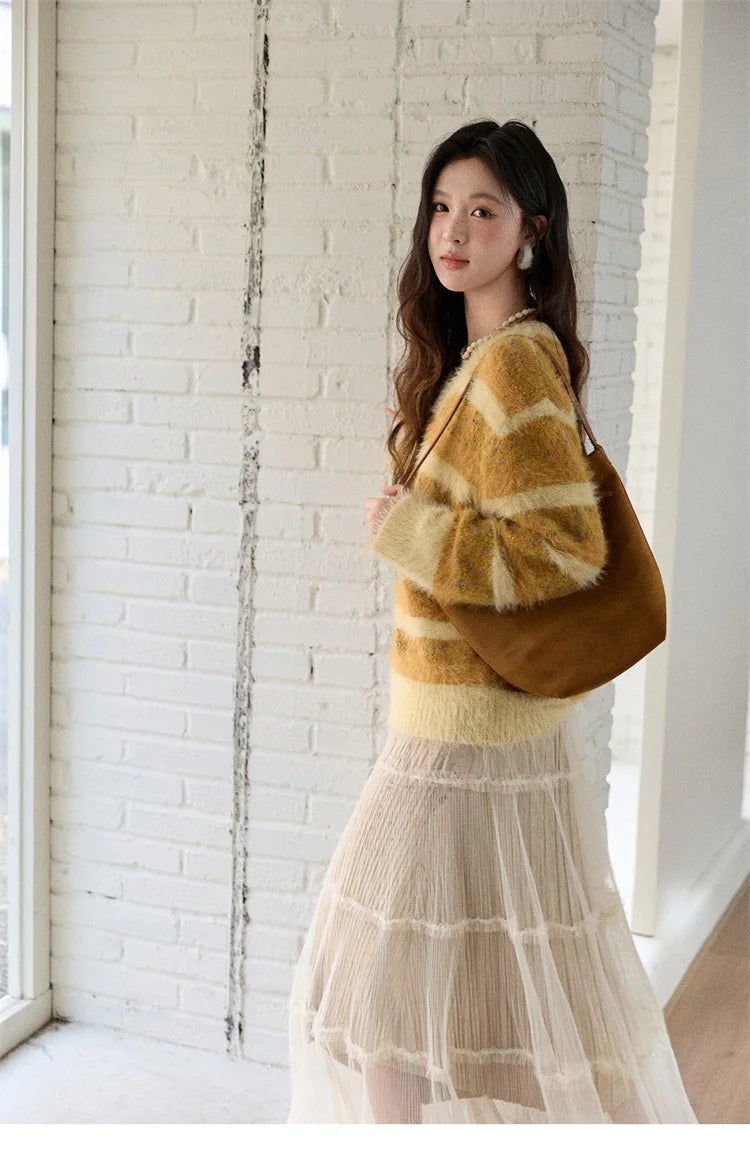 MISHOW Women's V-neck Knit Pullover Retro Yellow Striped Sweater 2025 Casual Faux Mink Jacquard Loose Knit Sweater MXE87Z2766