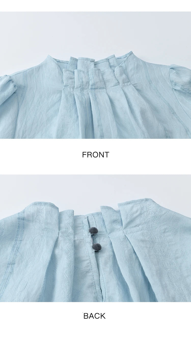 MISHOW Blue Jacquard Texture Blouses 2025 Autumn Black Fungus Edged Stand Collar Blouse Bubble Sleeves Commuting Top MXE41X1934