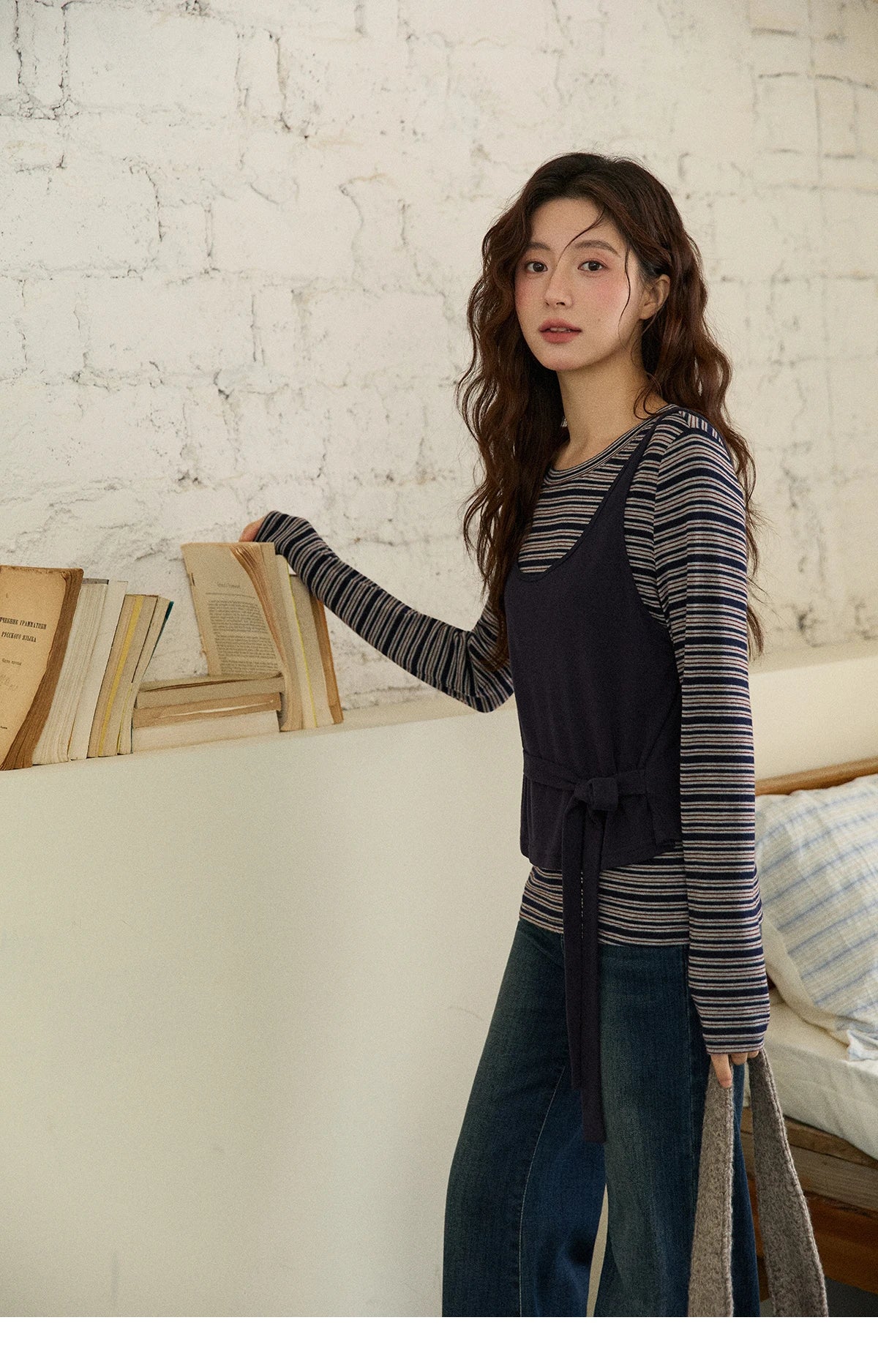 MISHOW Women's Two-Piece Set, 2025 Winter New Retro Casual Round Neck Long Sleeve Striped Top with Tie-Waist Camisole MXE87T1430