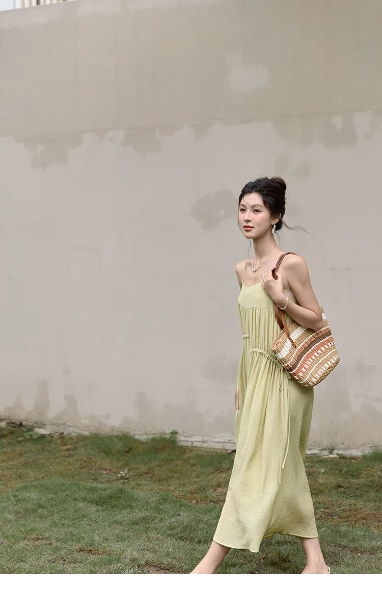 MISHOW Irregular Pleated Suspender Long Dress for Women 2025 Summer Olive Green Dress Loose Drawstring Waist Dresses MXD31L1928