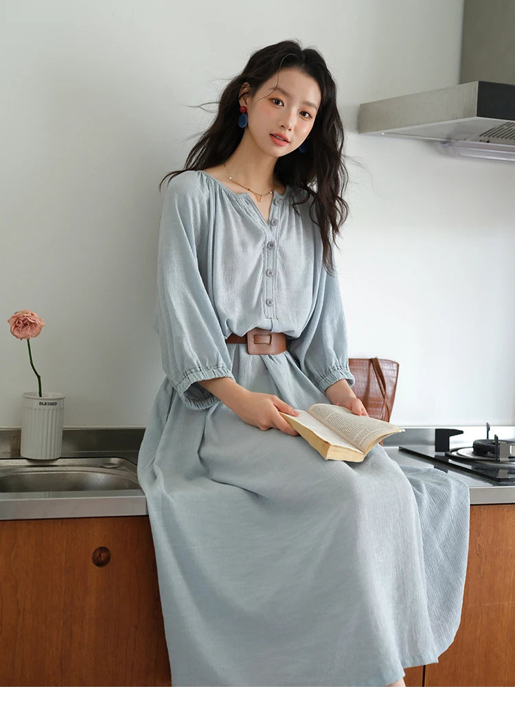 MISHOW Women's Half Sleeve Button Bamboo Knot Dress with Bohemian Belt 2025 Autumn Blue Long Dress Ladies Clothing MXE20L2468