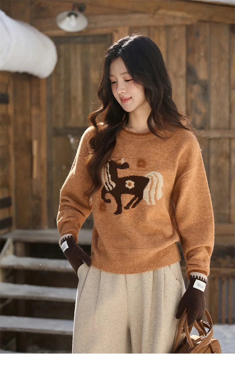 MISHOW Women's Horse Pattern Knit Sweater Winter Crew Neck Sweaters Collar Cuffs Splice Contrasting Faux Mink Fur Top MXE94Z2863