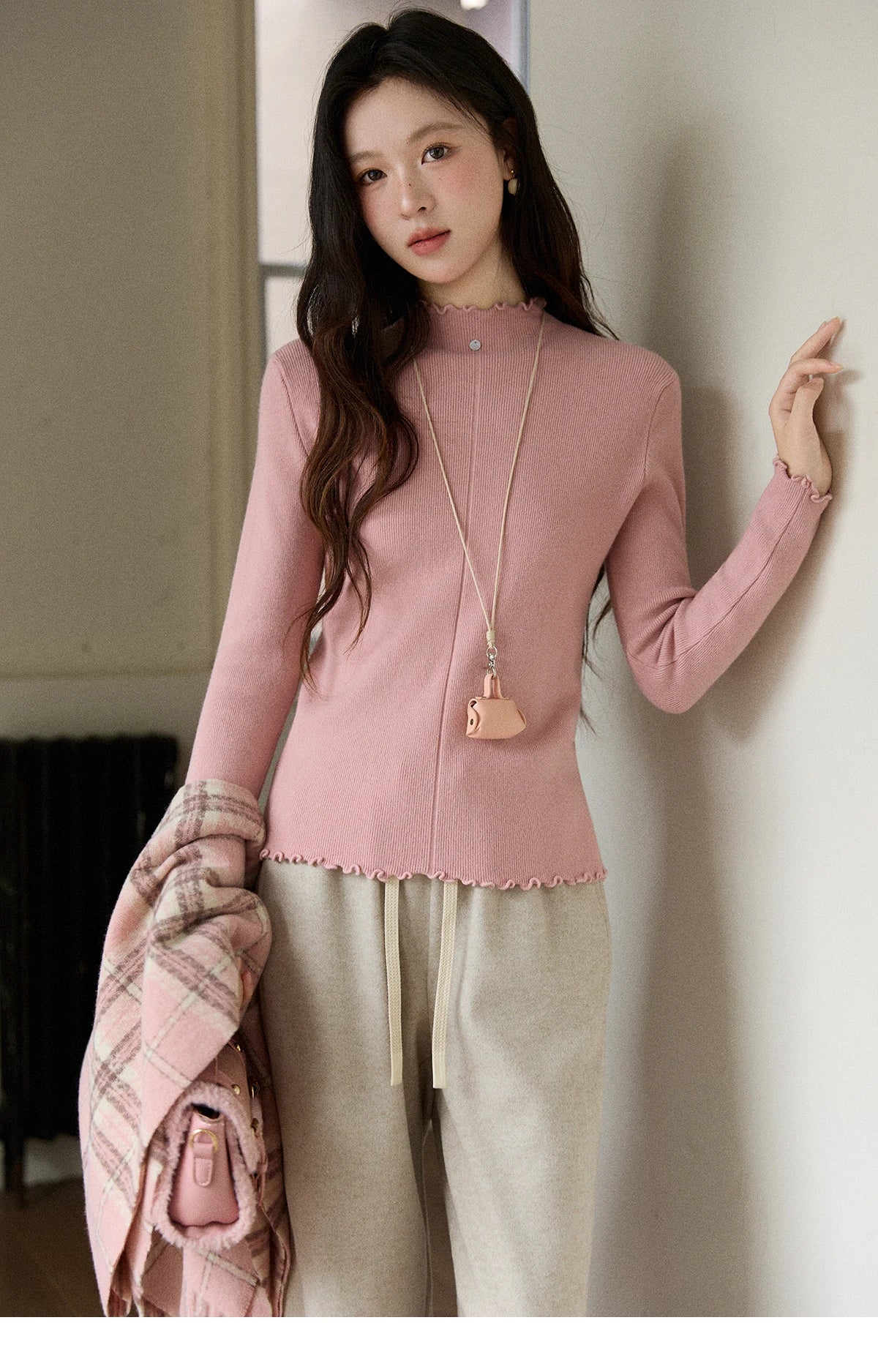 MISHOW Women's Knitted Long-Sleeved Top 2025 Winter Solid Slim Fit Ruffled Turtleneck Sweater Warm Soft Commuting Top MXE91Z2826