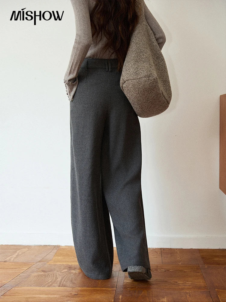 MISHOW Women's Winter Pants 2025 Retro Gray Wide-leg Pants Loose Warm Comfortable Commute Slim Trousers Woman Clothes MXE89K1099