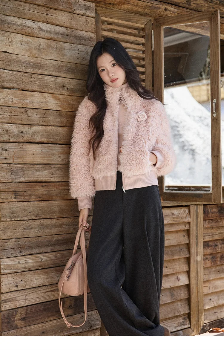 MISHOW Women's Pink Stand Collar Faux Lamb Wool Coat Winter Flower Brooch Warm Outerwear with Pockets Metal Zipper MXE91W0974