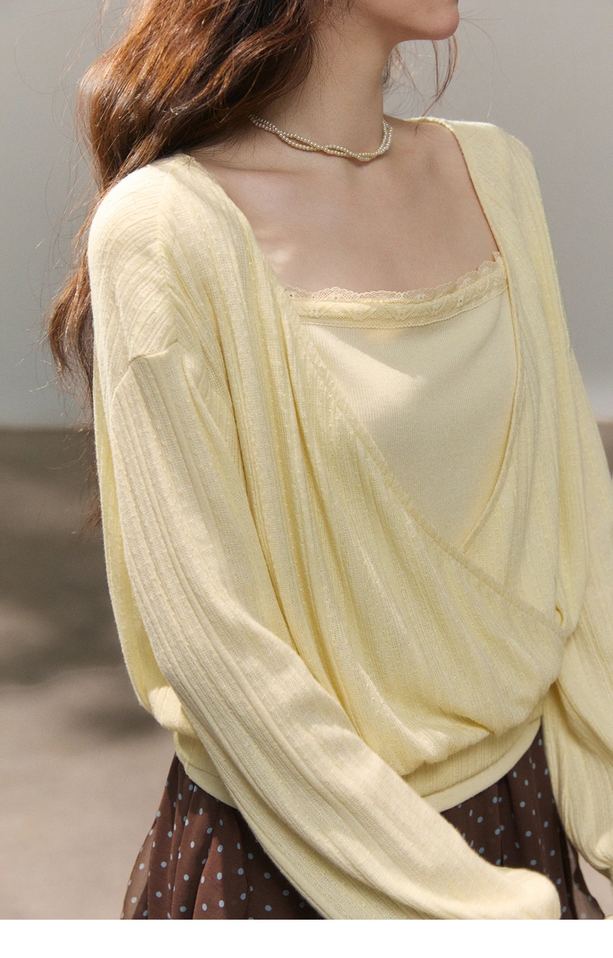 MISHOW Women's Lemon Yellow Two-Piece Set Spring Knitted Lantern Sleeve Pullover Tops Strap Lace Edge Camisole Set MXF13T1513