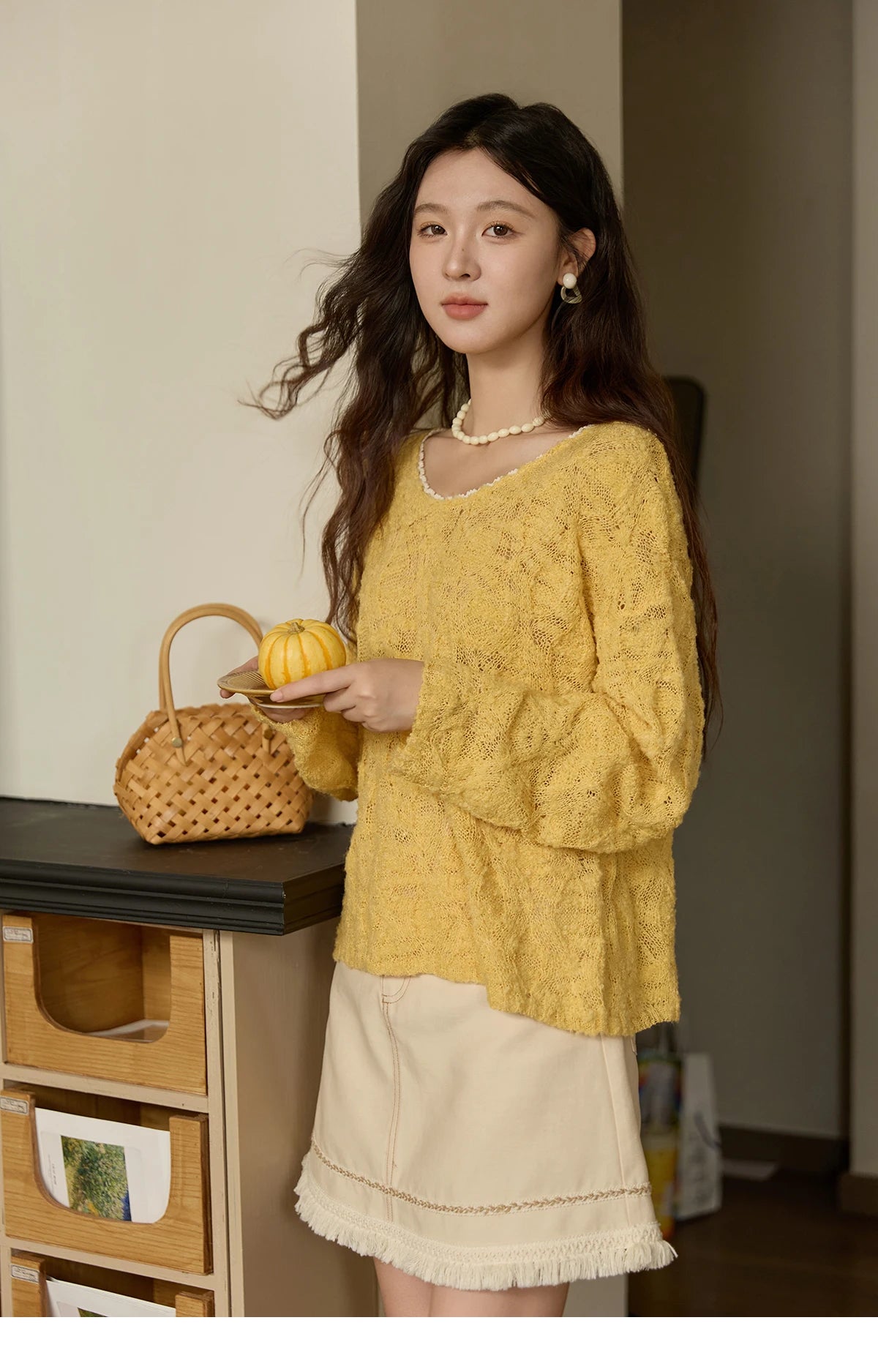 MISHOW Bamboo Loop Yarn Knitted Sweater for Women Autumn 2025 Hollow V-neck Lace Sweater Casual Solid Pullovers Tops MXE43Z1349