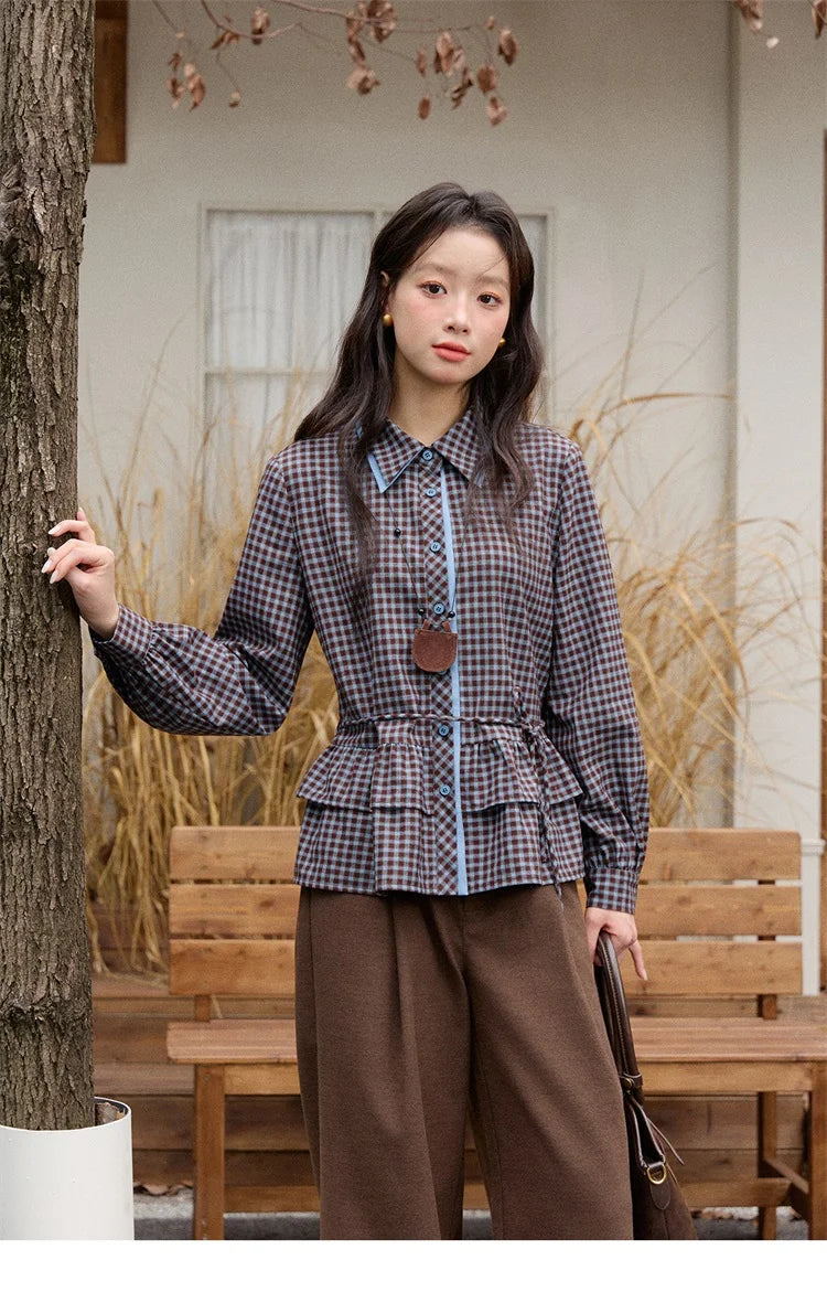 MISHOW Retro Blue Plaid Shirt for Women 2025 Autumn Winter Lapel Lantern Sleeves Ruffled Hem Top Slim Casual Shirt MXE89C2420