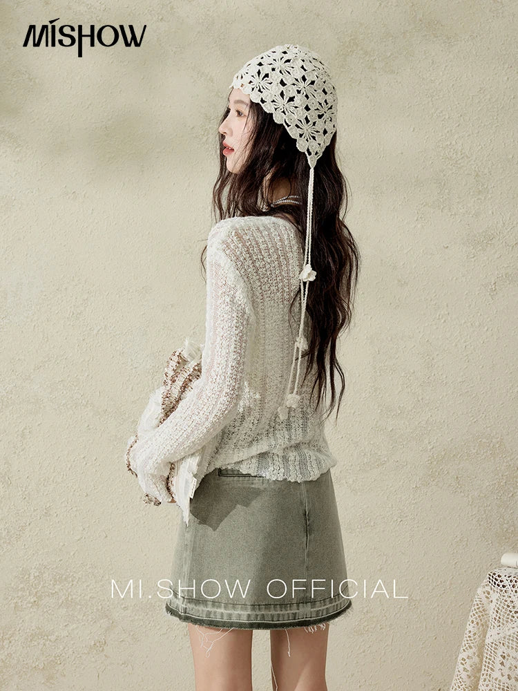 MISHOW Women 's Apricot White Hollow Knitted Sweater Spring 2025 Mohair Cover Drop Sleeve Top Strapless Slim Tube Top MXE12Z1120