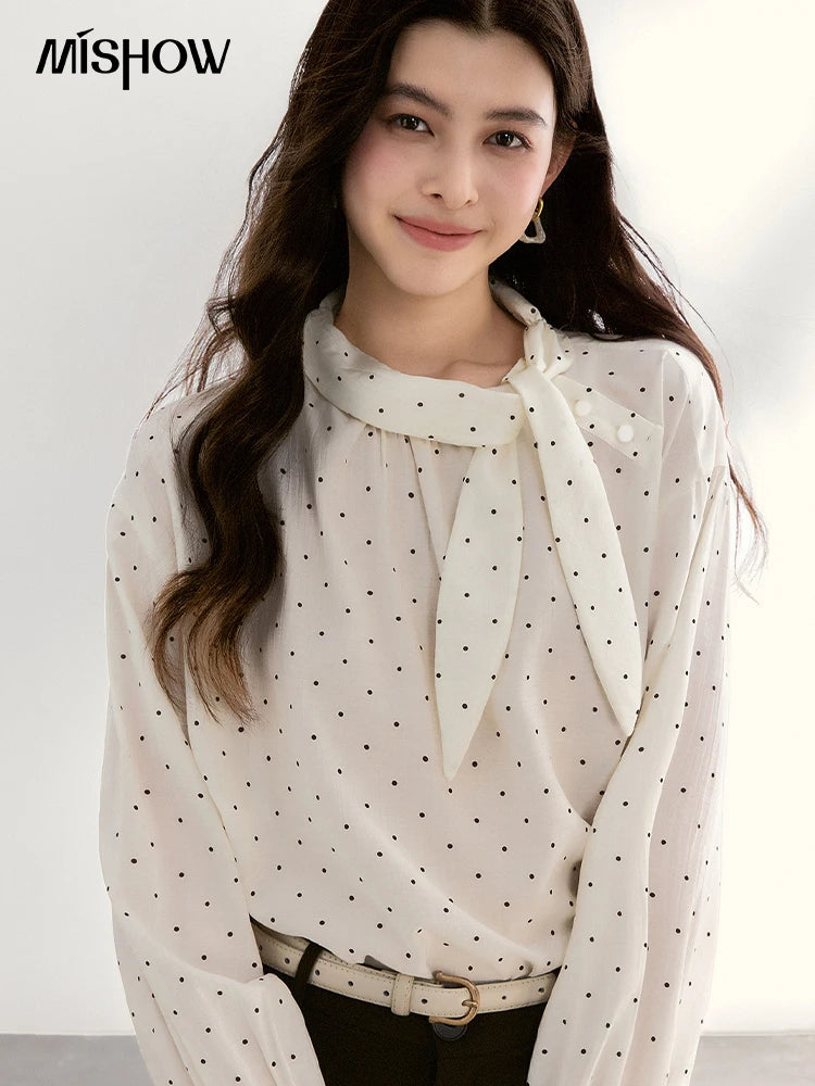 MISHOW Women's White Polka Dot Blouse Spring Bow Tie Neck Sheer Chiffon Blouses Casual Long Sleeve Top Office Lady MXF13X2531