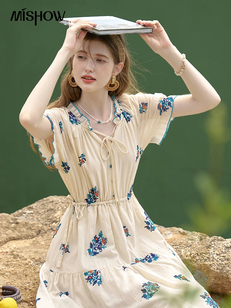 MISHOW French Romantic Dress 2024 Summer Women Embroidered Flower Fairycore Dresses Elastic Waist Drawstring Dress MXD24L1835