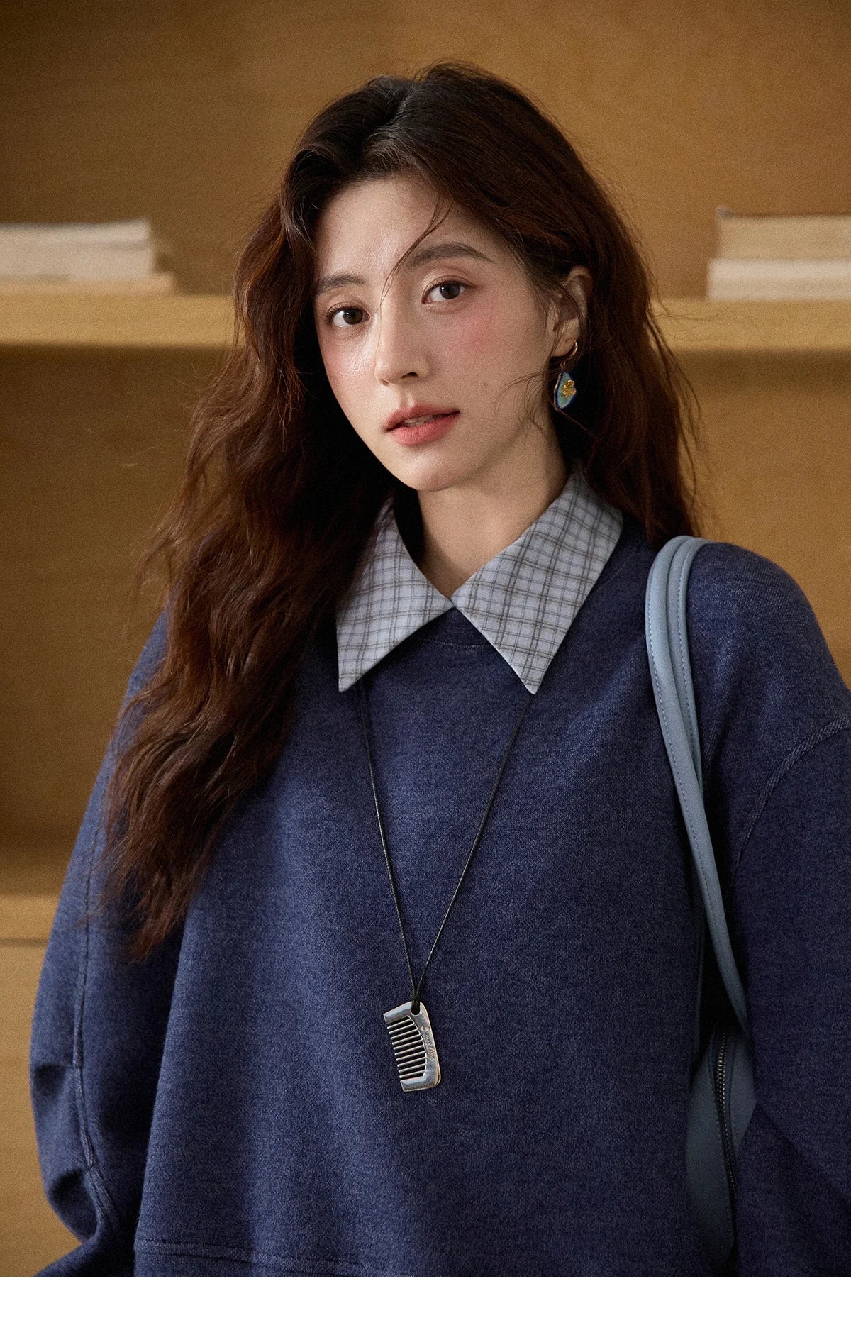 MISHOW Blue Plaid Sweatshirt Suit Women's 2025 Winter Fashion Turn-down Collar Knitted Top Straight Skirt Woman Sets MXE87T1445