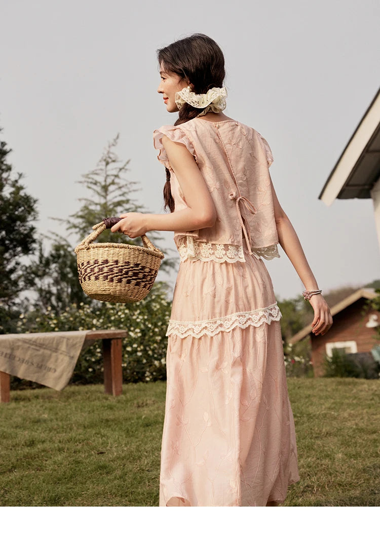 MISHOW Sweet Summer Skirt Sets Women New 2025 Short Flying Sleeve Round Neck Tops Hollow Embroidery A-line Skirt Lady MXE33T0545