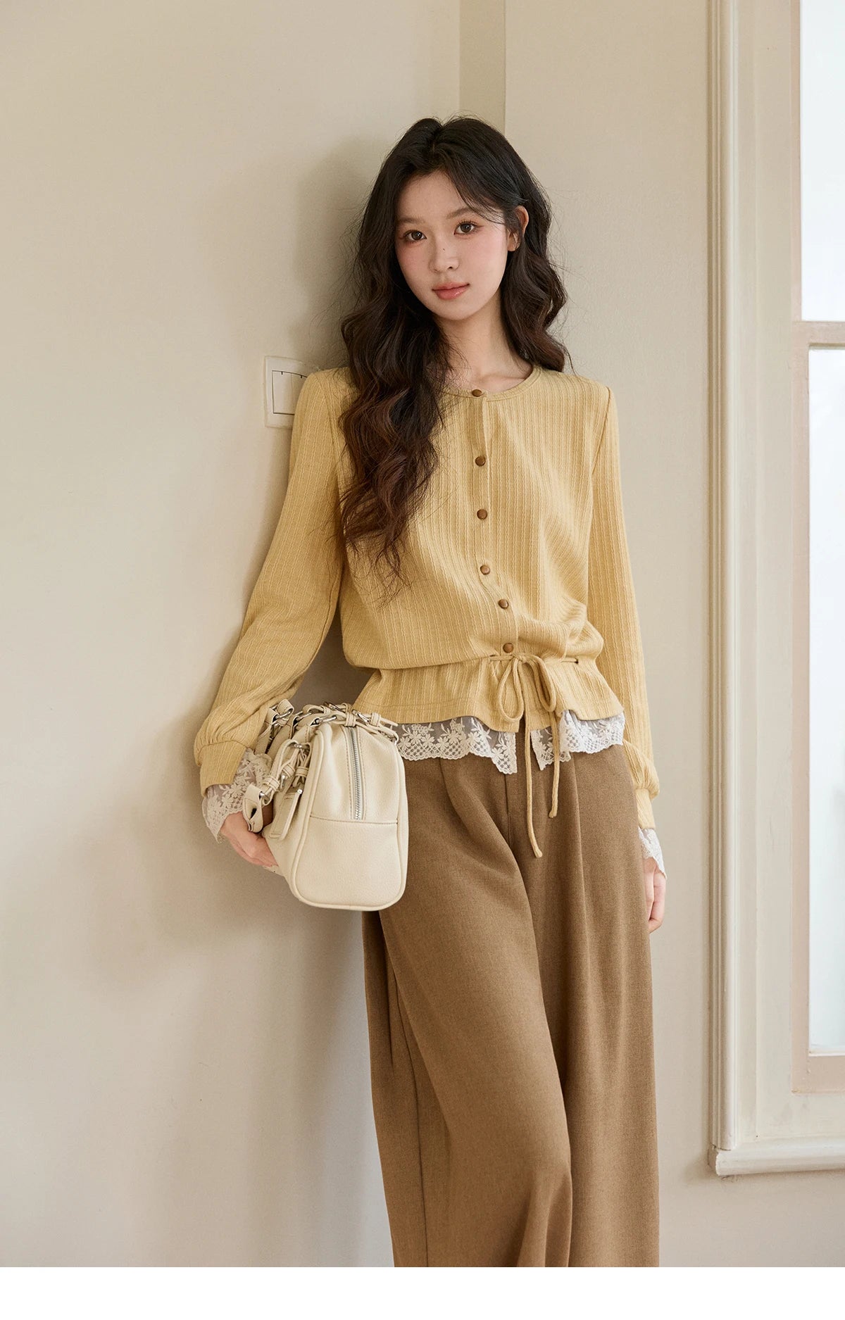 MISHOW Women's Yellow Ribbed Cardigan Spring Lace Trim Drawstring Waist Thin Knitted Sweater Long Sleeve Casual Top MXF11Z2919
