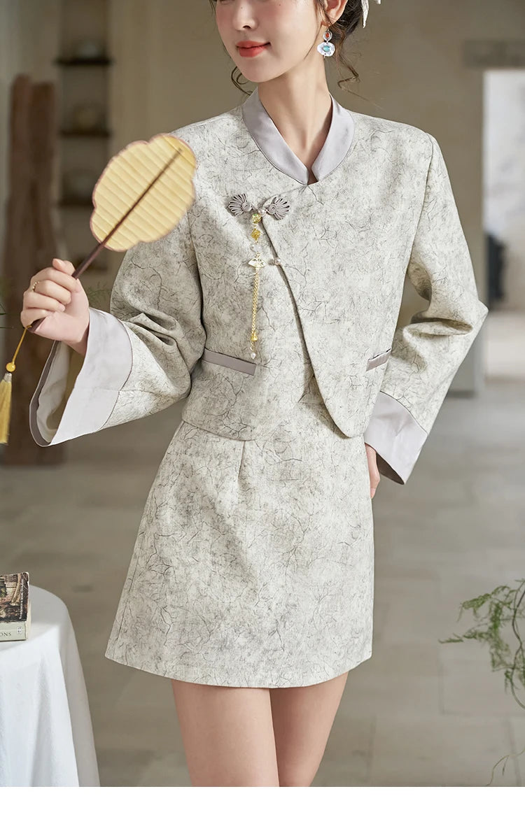 MISHOW Chinese Stand Up Collar Jacket A-line Skirt Separately Spring Textured Glossy Jacquard Irregular Placket Top MXD15W0373