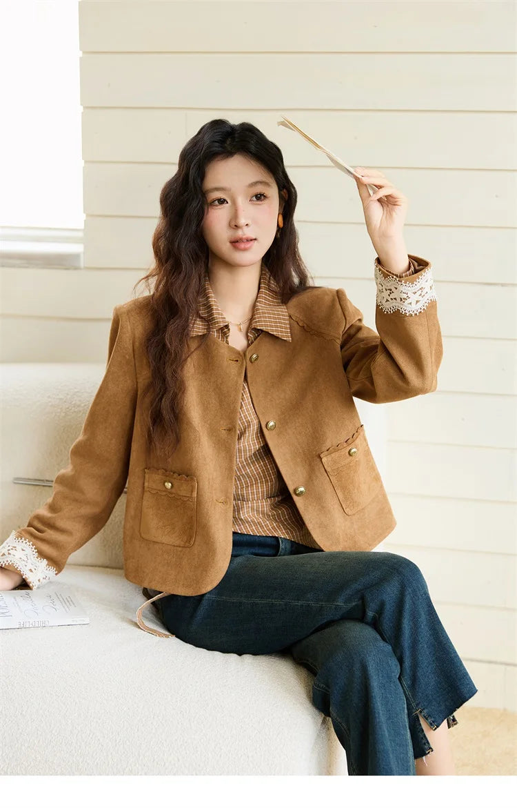 MISHOW Fragrant Suede Jacket for Women Autumn 2025 Cuffs Hollowed Out Lace Short Coats O-neck Metal Button Jackets MXE46W0839
