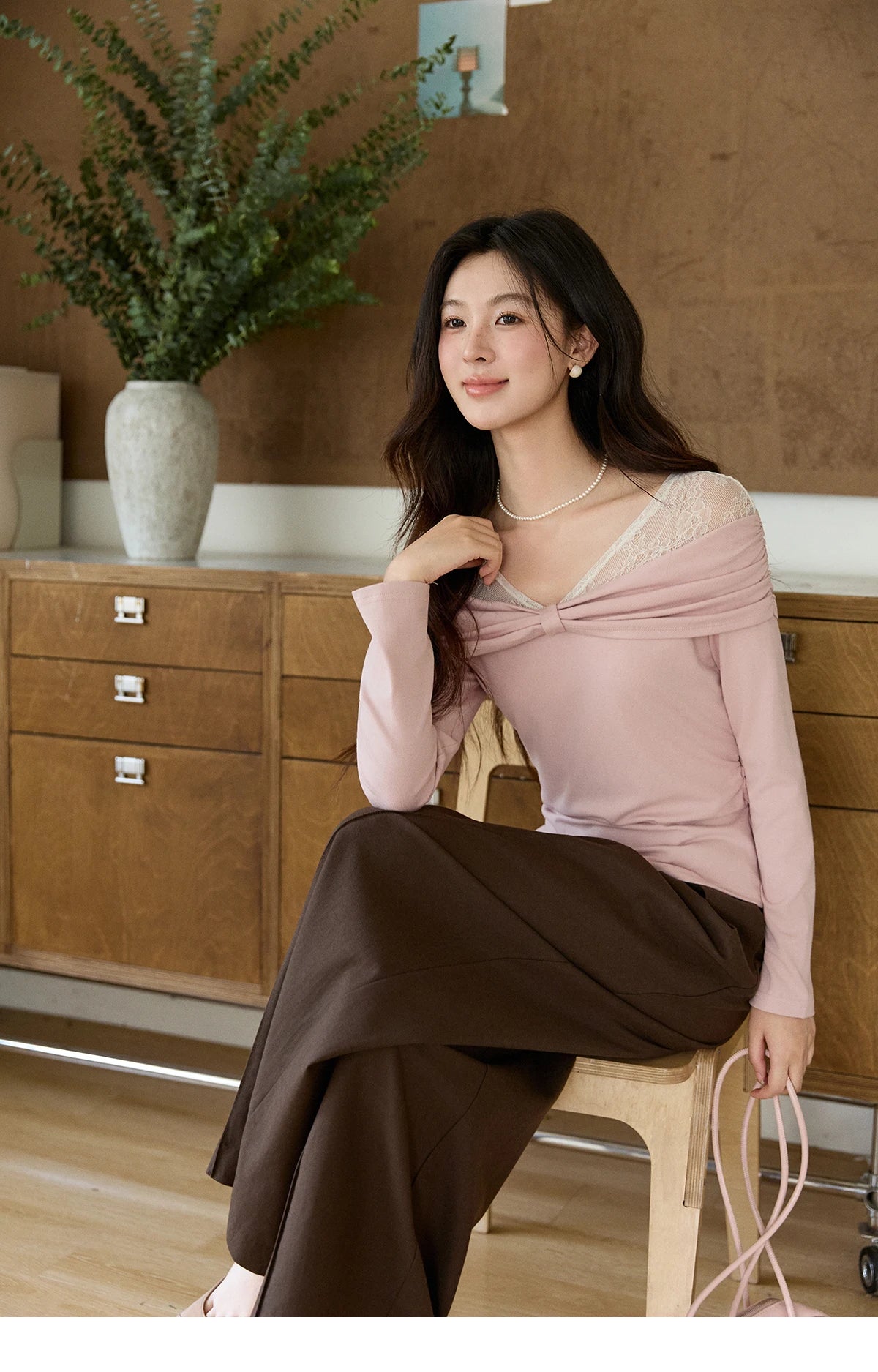 MISHOW Women's Lace Patchwork One Shoulder T-shirt 2026 Spring Twist Casual Slim Tees Sweet Pink Long Sleeve Tops MXF108Z1026