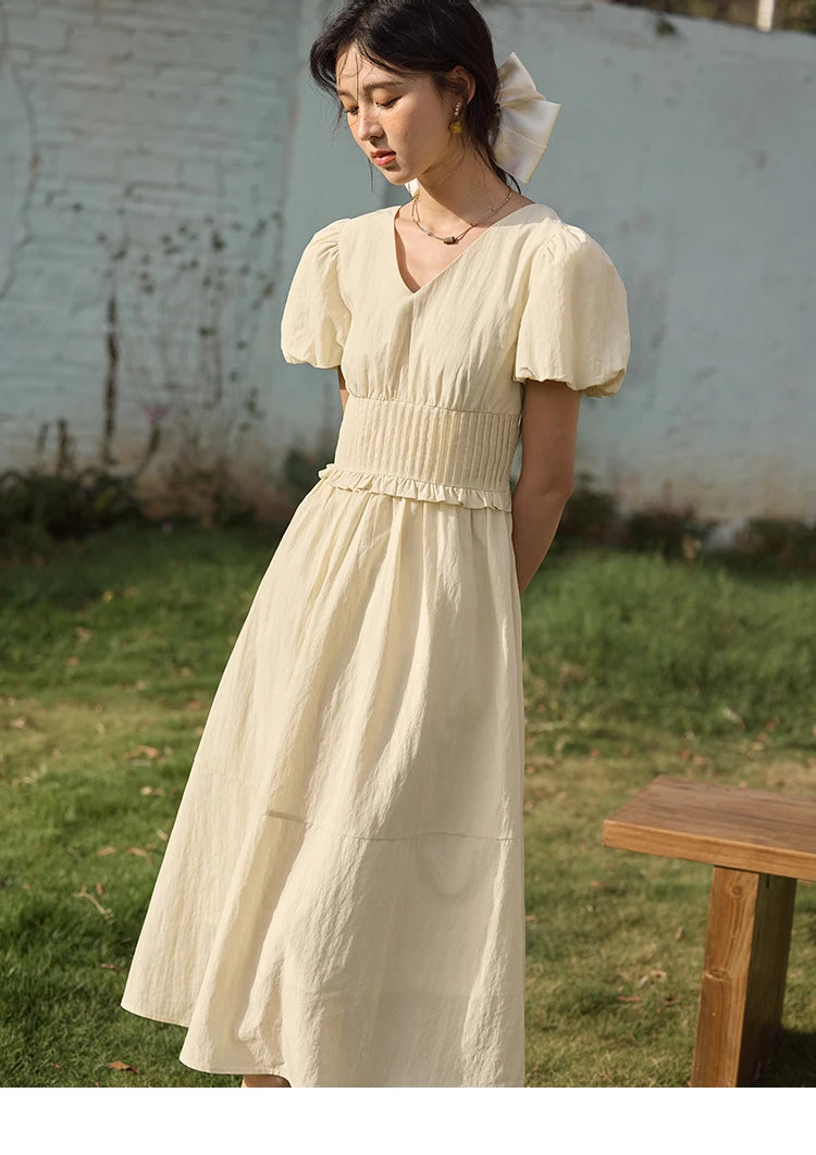 MISHOW French Summer Dresses Women 2025 New Short Puff Sleeve V-neck Solid Cotton Blended Dress Female Slimming MXE34L2288