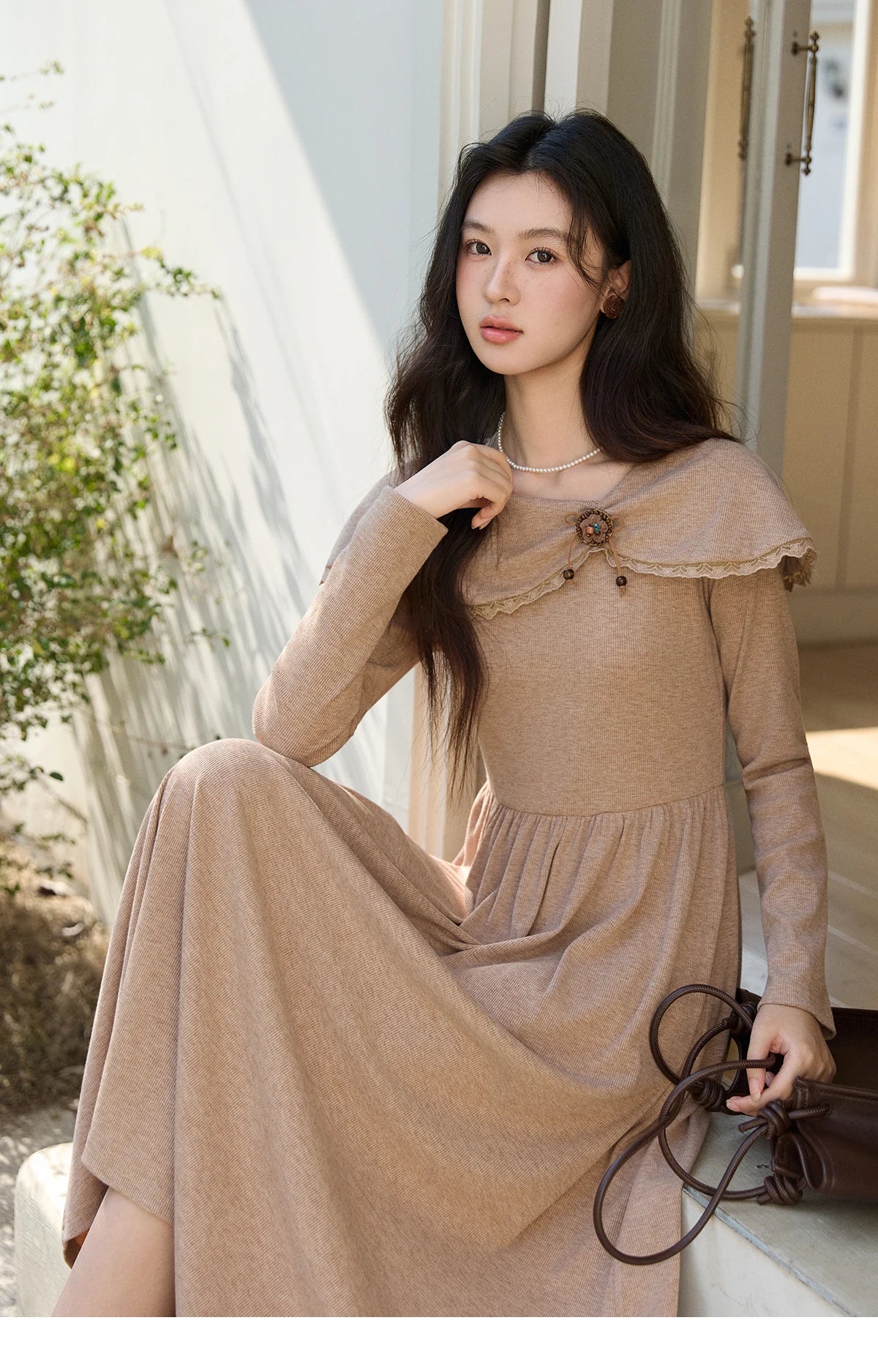 MISHOW Women's Khaki Knitted Dress 2026 Spring Large Collar Decor Long Sleeve Dresses Pleated Casual Elegant Dress MXF11L2553