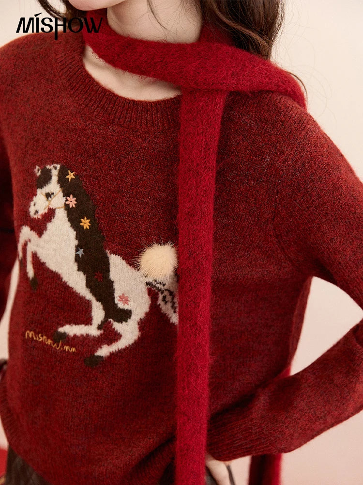 MISHOW Women's Christmas Red Jacquard Embroidered Pony Sweater 2025 Winter Thick Knitted Tops (Scarf Not Included) MXE94Z2861