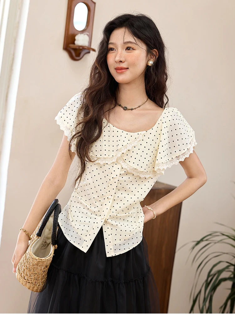 MISHOW Women's Apricot Polka Dot Shirt 2025 Summer French Ruffle Edge Patchwork Lace Shirts Short Sleeved Slim Top MXE34X1783
