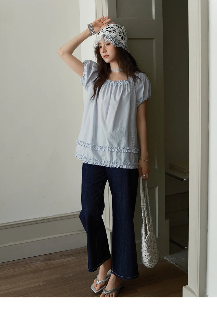 MISHOW Women's Fashion Puff Sleeve Blouse 2025 Summer Casual O-Neck Edible Tree Fungus Spliced Top Female Clothing MXE39X1929