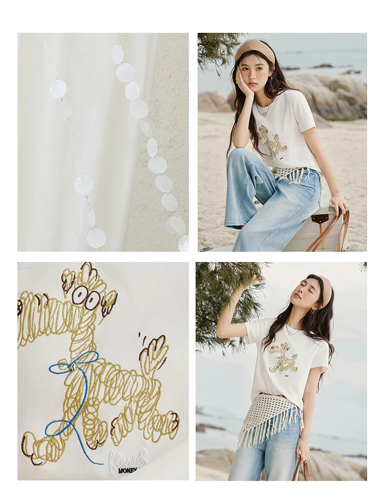 MISHOW Print Women‘s Summer T-shirts 2025 Short Sleeve Round Neck Loose Design Shirt Female Slim Embroidery Tops Lady MXE31T0550