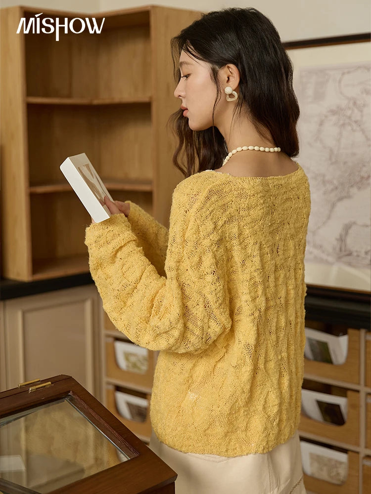 MISHOW Bamboo Loop Yarn Knitted Sweater for Women Autumn 2025 Hollow V-neck Lace Sweater Casual Solid Pullovers Tops MXE43Z1349