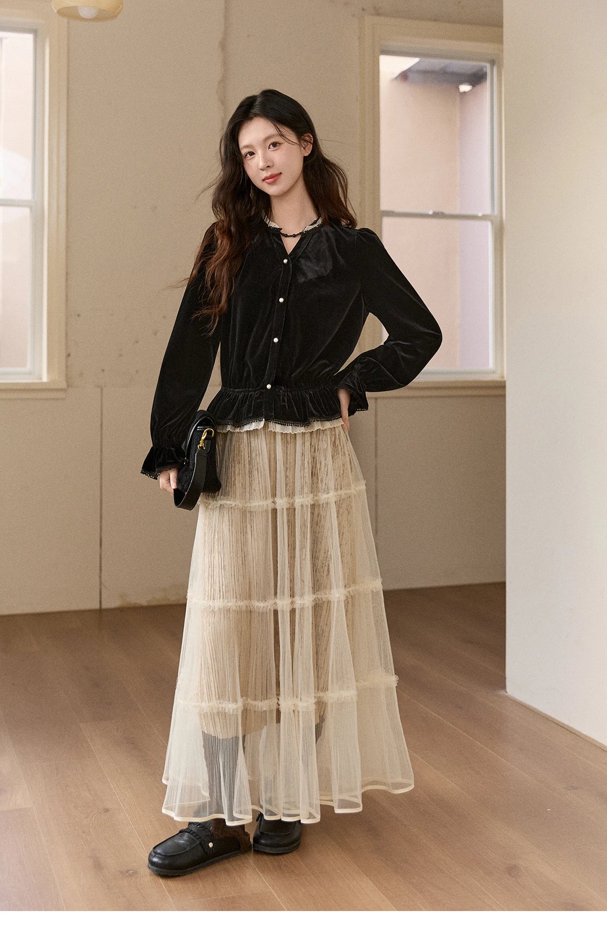 MISHOW Women's Black Velvet Shirts 2025 Winter Retro Splicing Lace Tops Ruffle Hem Pearl Button Puff Sleeve Shirt MXE94X2516