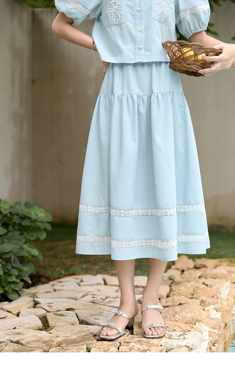 MISHOW Blue Pocket Patchwork Lace Shirt Elastic Waist Skirt Separately 2024 Summer Korean Round Neck Top Sweet Skirts MPD22B0450
