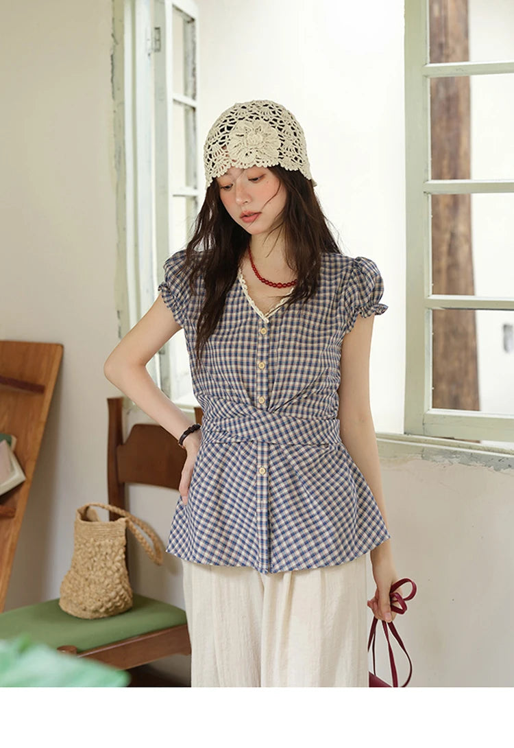 MISHOW Women's Garment Sleeves Plaid Shirt 2025 Summer New Fashion Lace V-neck Shirt Button Belt Top Female Clothing MXE36X1814