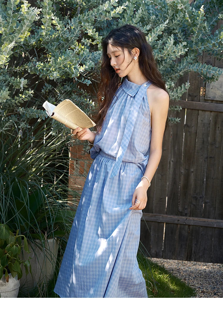 MISHOW Women's 2 Piece Set 2025 Summer Female Vacation Fashion Plaid Hanging Neck Button Top A-line Half Skirt Set MXE39T0711