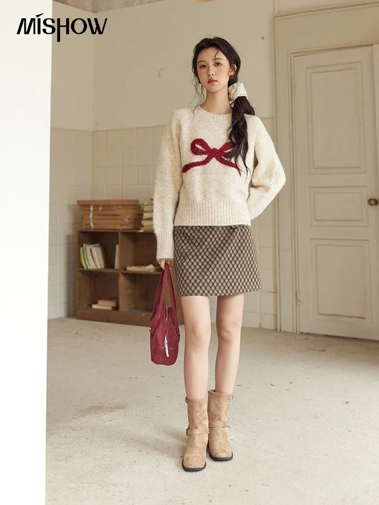 Mishow French Beige Embroidered Bow Tie O-Neck Sweater MXD35Z0944