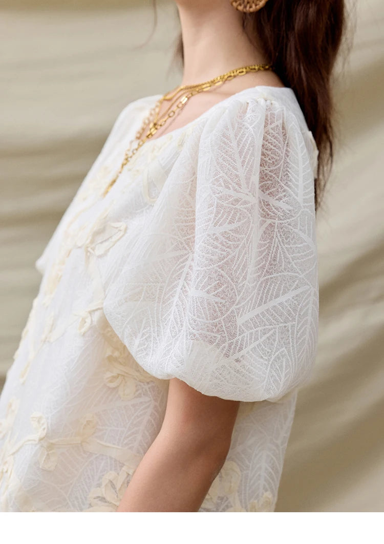 MISHOW French Summer Blouses Women New 2025 Short Puff Sleeve Round Neck Jacquard Flower Slim Shirts Woman Versatile MXE32X1772