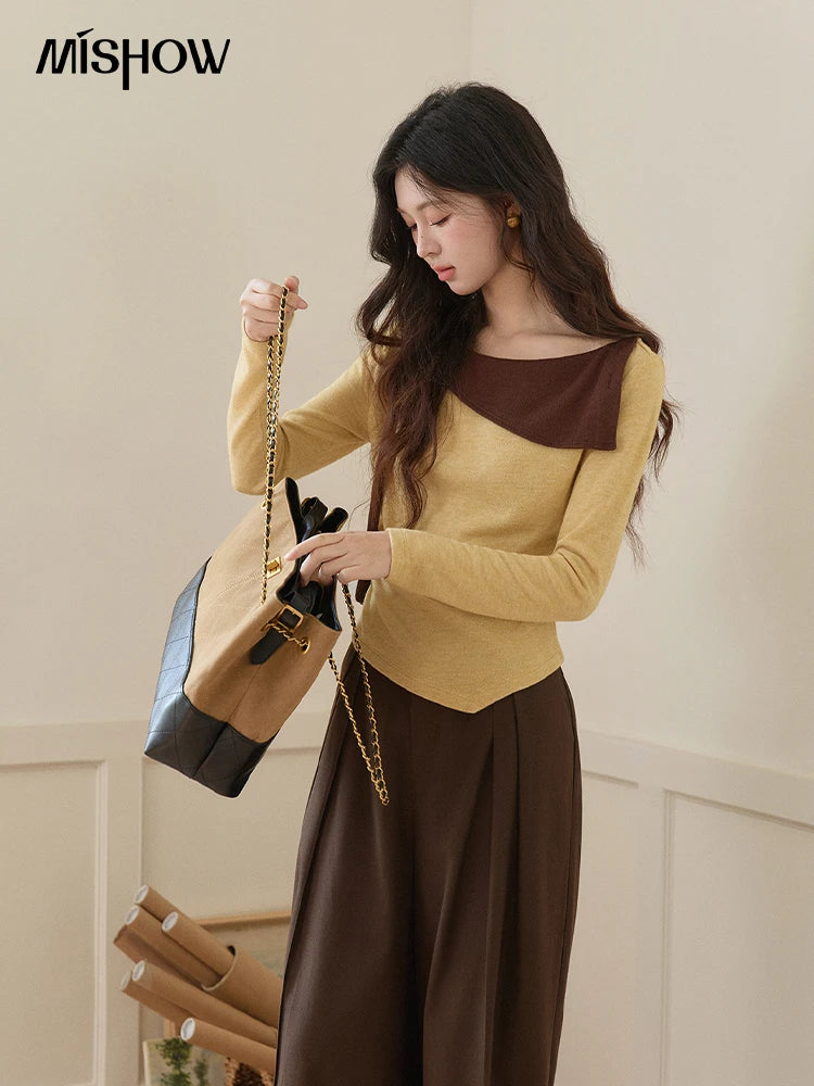 MISHOW Women's Yellow Brown Irregular Top 2026 Spring Contrast Color Oblique Collar Long Sleeve Casual Knitted Tops MXF11Z2911