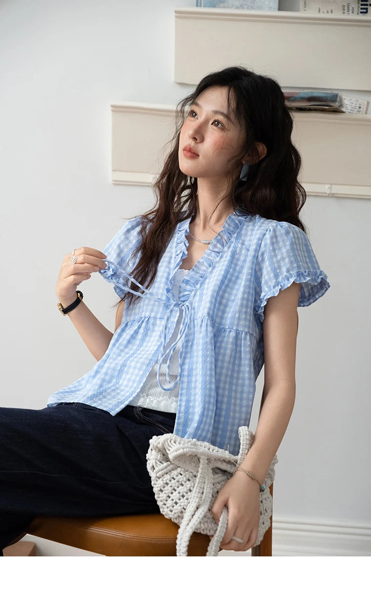 MISHOW Women's Plaid Blue Fake Two Piece Blouse 2025 Summer Fashion Puff Sleeve V-neck Lace Up Top Female Clothing MXE37X1901