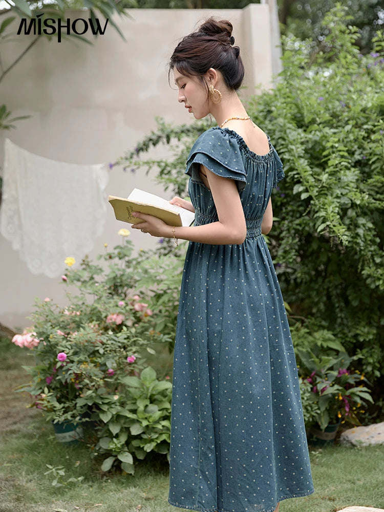 MISHOW Lace Up Flying Sleeve Polka Dot Dress Summer 2024 High Waist Pleated Long Dresses Square Neck Denim Dress MXD30L2022