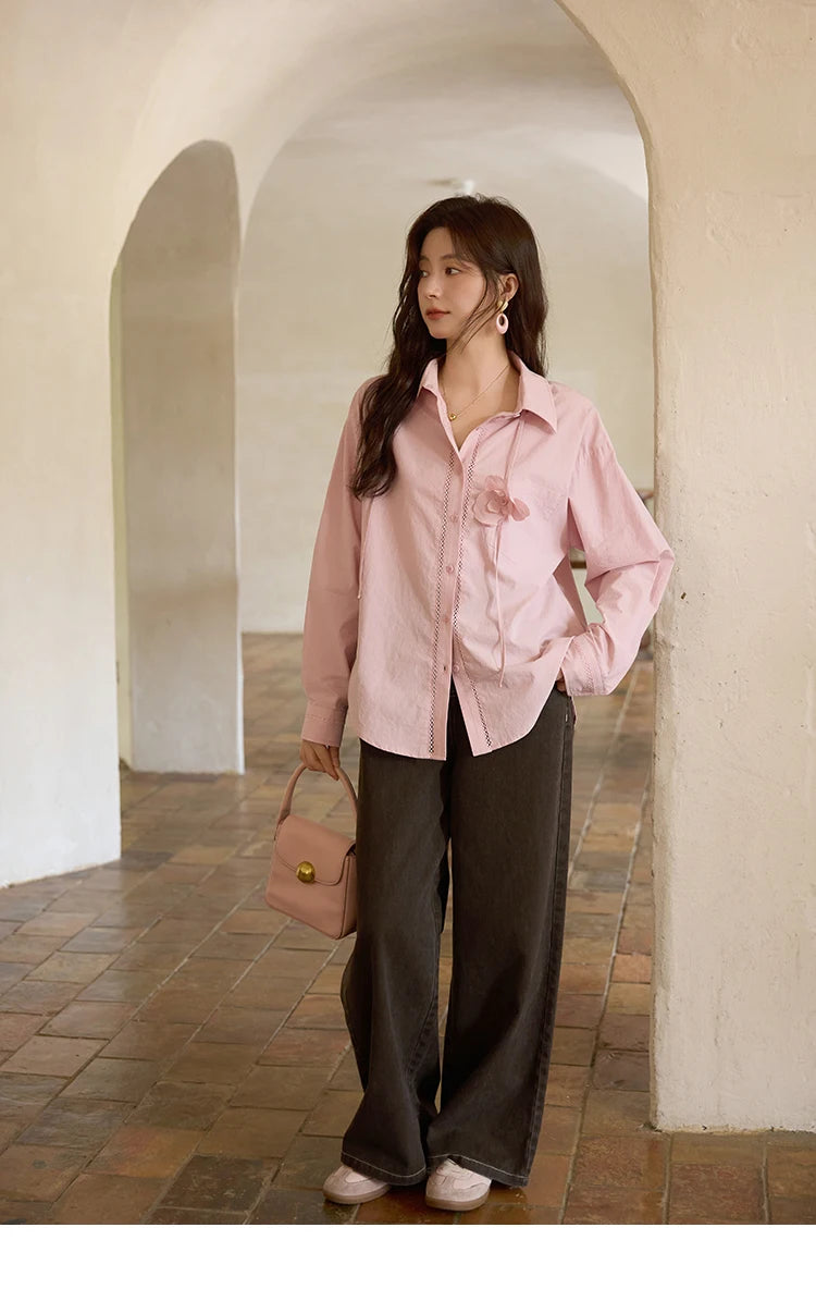 MISHOW 100% Cotton Shirt For Women Autumn 2025 New Fashion Petal Ribbon Button Long Sleeves Shirt Women's Clothing MXE41C2349