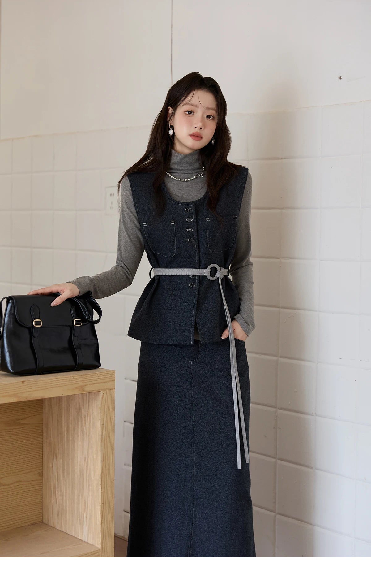 MISHOW Blue Three-piece Suit for Women 2025 Autumn Sleeveless Vest Straight Midi Skirt Slim Knit Tops Skirt Set MXE49T1421