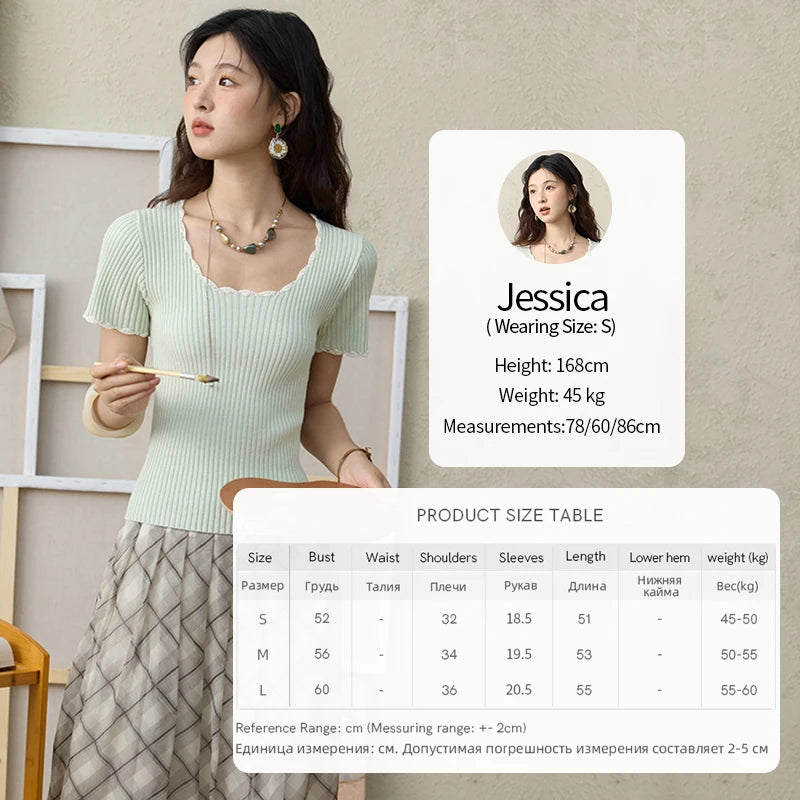 MISHOW Office Lady Summer Sweater Women 2025 New Solid Short Sleeve Lace Collar Contrast Color Hook Design Tops Slim MXE33Z1218