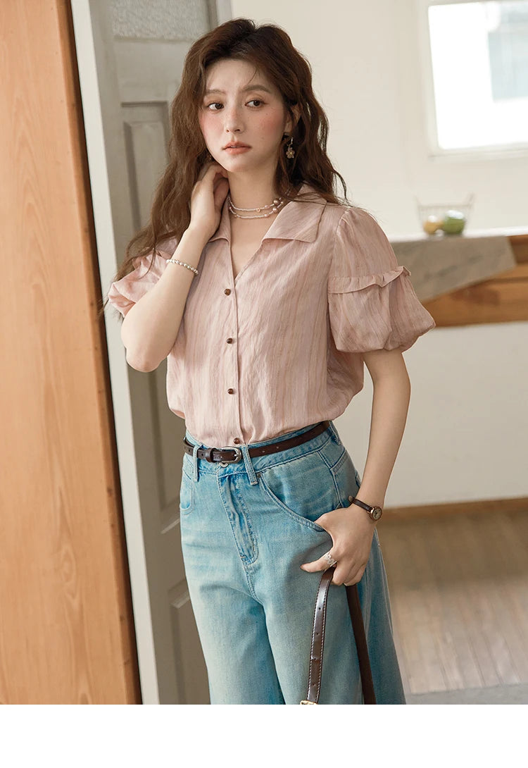 MISHOW Ladies Fashion Puff Sleeve Striped Shirt 2025 Summer New Commute Retro Turn-down Collar Top Women's Clothing MXE37C0808