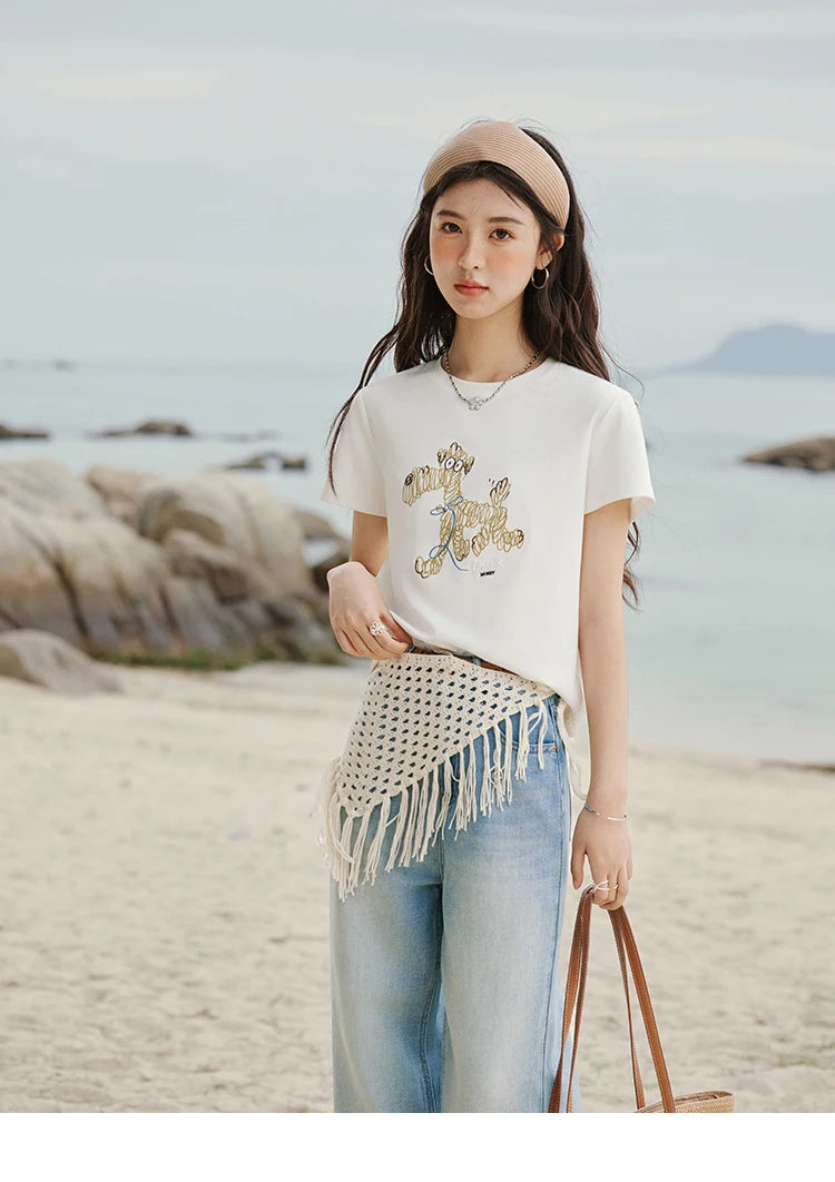 MISHOW Print Women‘s Summer T-shirts 2025 Short Sleeve Round Neck Loose Design Shirt Female Slim Embroidery Tops Lady MXE31T0550