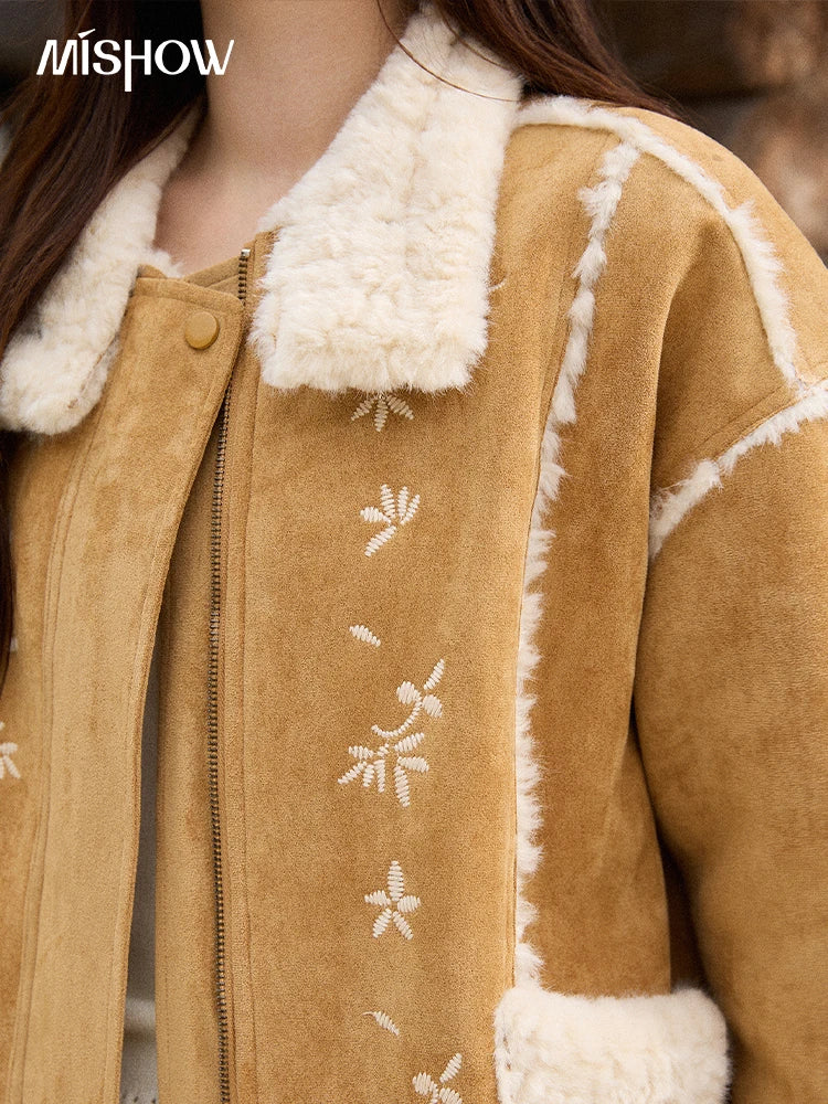 MISHOW Woman Elegant Jacktes 2025 Winter Floral Embroidered Fur Sheath Coat Retro Commute Plush Lapel Warm Short Coat MXE87W0918