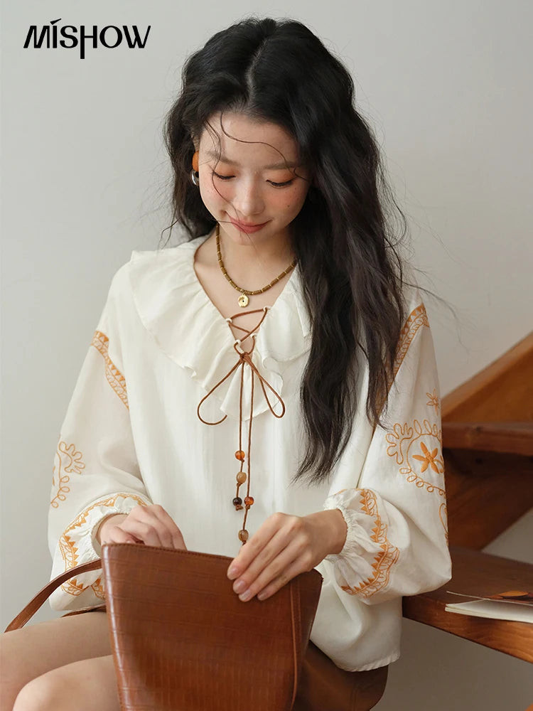 MISHOW Cashew Flower Embroidered Blouse Autumn 2025 Ruffle V-neck Lace Up Tops 100 Lyocell Lantern Sleeves Blouses MXE43X1987