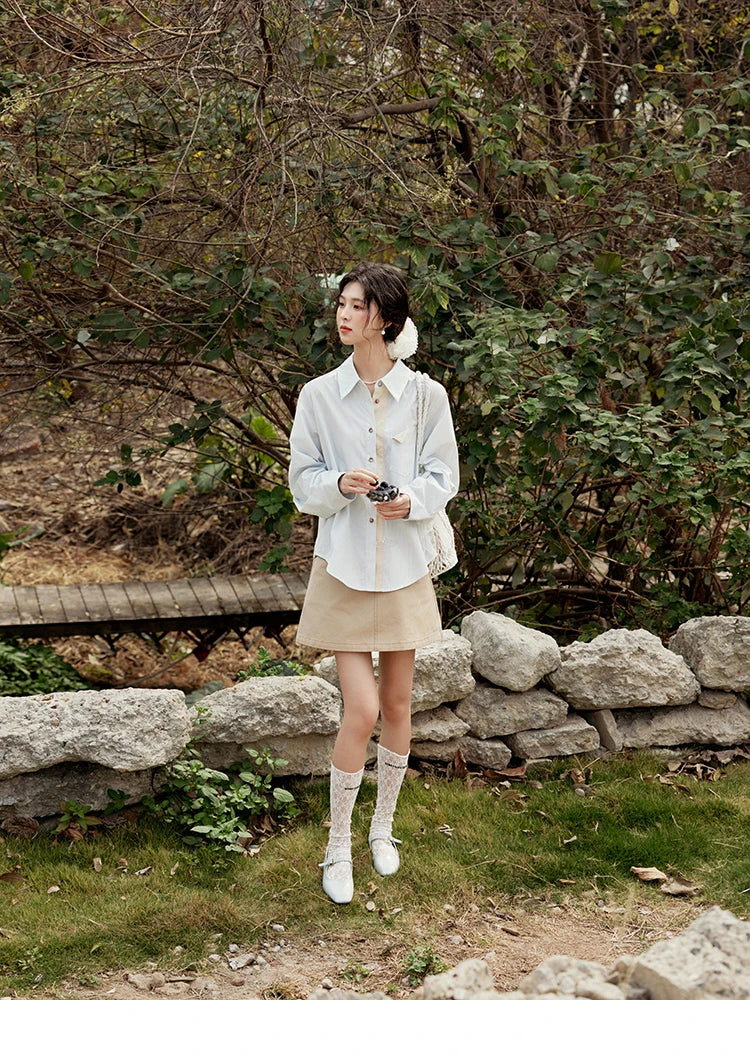 MISHOW Khaki A-line Short Skirt Spring 2025 100Cotton High Waist Versatile Skirt Zipper Pockets Skirt (Not with Belt) MXE15B0696