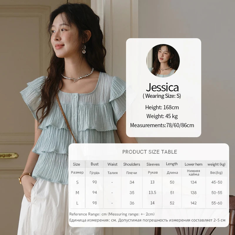 MISHOW Butterfly Sleeve Chiffon Shirt Women's 2025 Summer New Women's Clothing Retro Square Neck Button Casual Shirt MXD30X1488