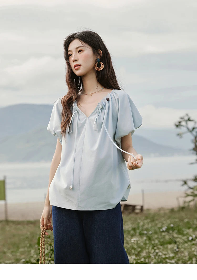 MISHOW Solid French Summer Blouses Woman 2025 New Short Puff Sleeve V-neck Beaded Retro Shirts Women Fashion Tops MXE33X1757