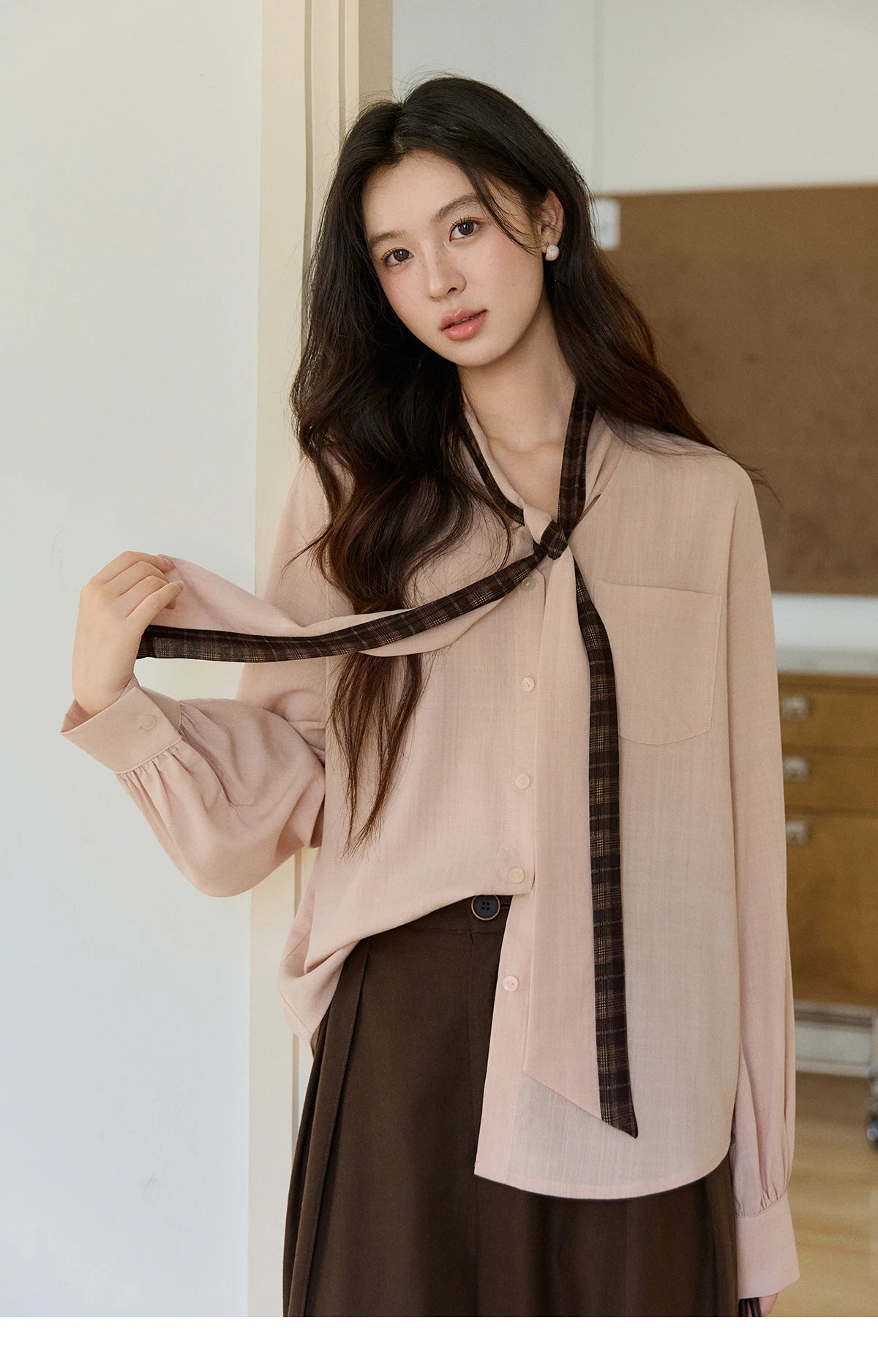 MISHOW Women's Dusty Pink Shirts Spring Plaid Tie Neck Loose Casual Shirt 100 Lyocell Lantern Sleeve Top Office Lady MXF108C0817